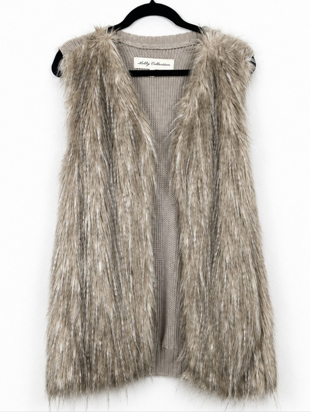 Sebby Collection Faux Fur Knit Vest Taupe Open Front Cozy Luxe Boho XXL